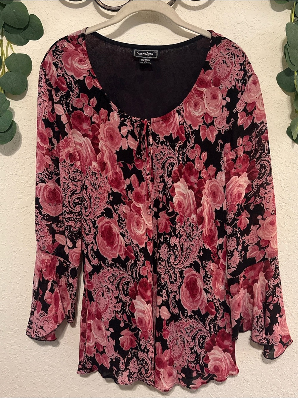 90s/Y2K Pink Floral Flare-Sleeved Fairy Top💕